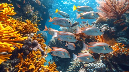 Naklejka premium A school of fish gracefully navigates the depths of the ocean waters in perfect harmony