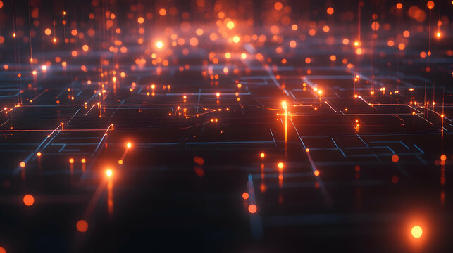 A glowing red and orange digital grid with intersecting nodes, symbolizing data processing and advanced computational systems.