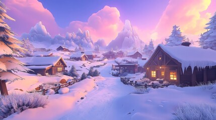 Fototapeta premium Snowy Village nestled amongst Mountains with a Pink Sunset Sky