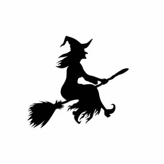 Silhouette of a witch flying on a broom isolated on white. Vector illustration