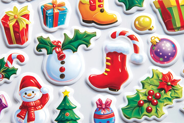 Obraz premium A vibrant set of Christmas-themed stickers, showcasing colorful illustrations of festive elements. The designs include beautifully wrapped gifts, cheerful snowmen, decorated Christmas trees