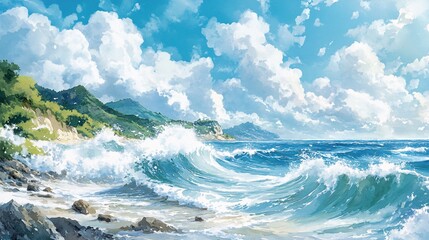 Fototapeta premium Ocean Waves Crashing on Rocky Shore Summer Seascape