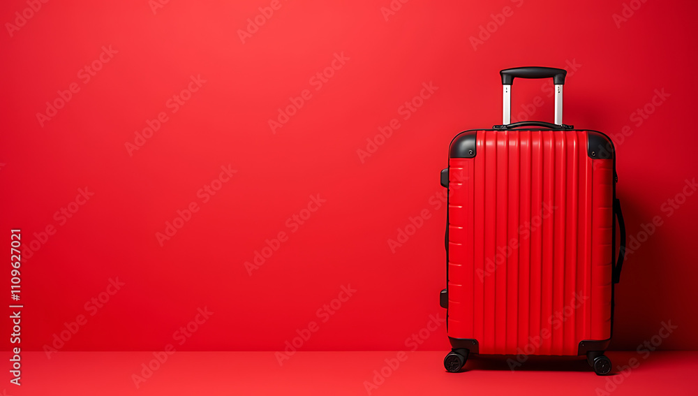 Poster A trendy red suitcase sits atop a vibrant red background, perfect for showcasing promotional content with ample space for text overlay._00001_