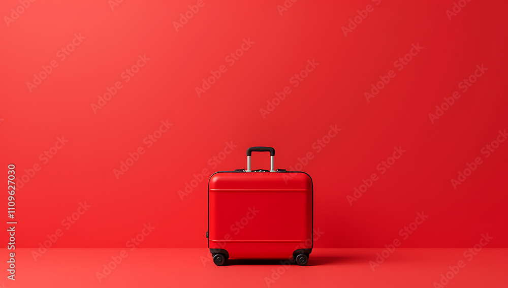 Poster A trendy red suitcase sits atop a vibrant red background, perfect for showcasing promotional content with ample space for text overlay._00002_