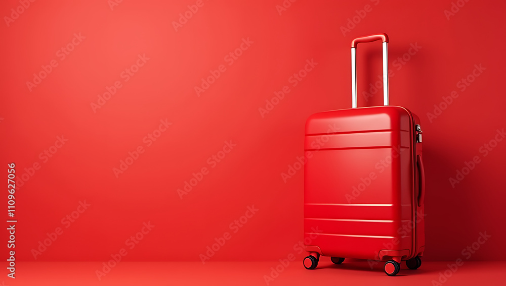 Poster A trendy red suitcase sits atop a vibrant red background, perfect for showcasing promotional content with ample space for text overlay._00003_