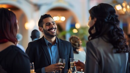 Smiling businessman hosting corporate event interacting highprofile business professionals elegant venue atmosphere formal celebratory showcasing importance of corporate events networking and branding