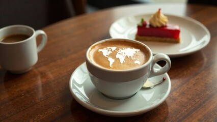 Fototapeta premium World map made of cinnamon on cappuccino foam. Cup of coffee, dessert, boarding passes. Travel concept. Cappuccino at the airport