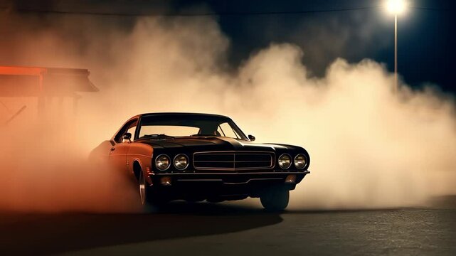 A classic muscle car drifting, surrounded by clouds of smoke at night with ambient lighting and a suburban backdrop.