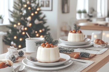 dessert presentation, panna cotta desserts on chic plates in a scandinavian kitchen with twinkling lights and festive decorations