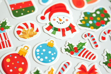 A vibrant set of Christmas-themed stickers, showcasing colorful illustrations of festive elements. The designs include beautifully wrapped gifts, cheerful snowmen, decorated Christmas trees