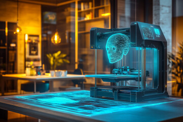 3D printer creating custom prosthetic in modern office setting.