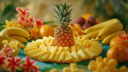 Freshly sliced pineapple surrounded by vibrant fruits and flowers creates tropical paradise. arrangement includes bananas, oranges, and colorful blossoms, evoking joyful and refreshing atmosphere