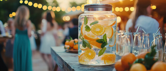 refreshing detox water dispenser filled with citrus fruits and mint, perfect for summer gatherings. vibrant colors and festive atmosphere create joyful ambiance