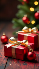 Christmas gifts wrapped in gold ribbons and ornaments evoke luxury and holiday cheer on a festive background._00001_