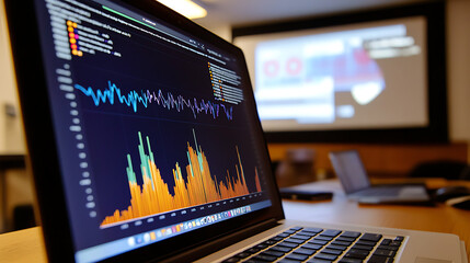 A laptop computer is open to a screen displaying a graph
