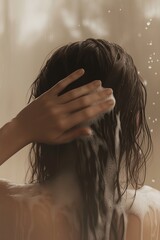 Naklejka premium back side of a woman with medium-toned skin and long, dark wet hair, her hands massaging shampoo into a rich lather. The foam is abundant, creating a textured, luxurious effect