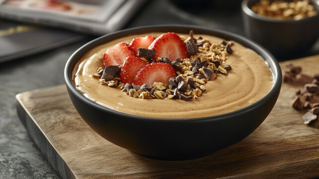 Creamy peanut butter smoothie bowl topped with strawberries and granola, perfect for healthy breakfast or snack. Enjoy delicious blend of flavors and textures!
