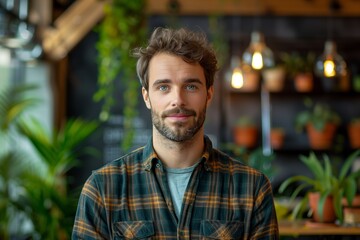 Confident man standing in a cozy indoor setting surrounded by plants and warm lighting.