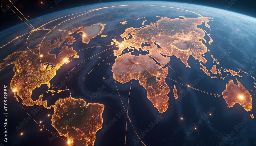 Poster elegant visualization of earth's interconnected development highlighting global communication networ