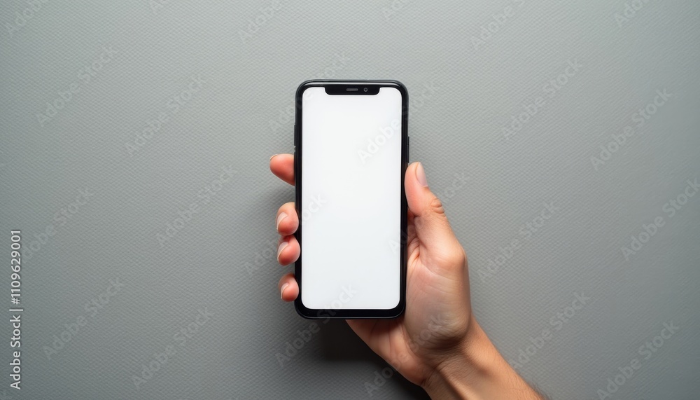 Poster Close up of a hand holding a smartphone against a neutral background in a modern setting