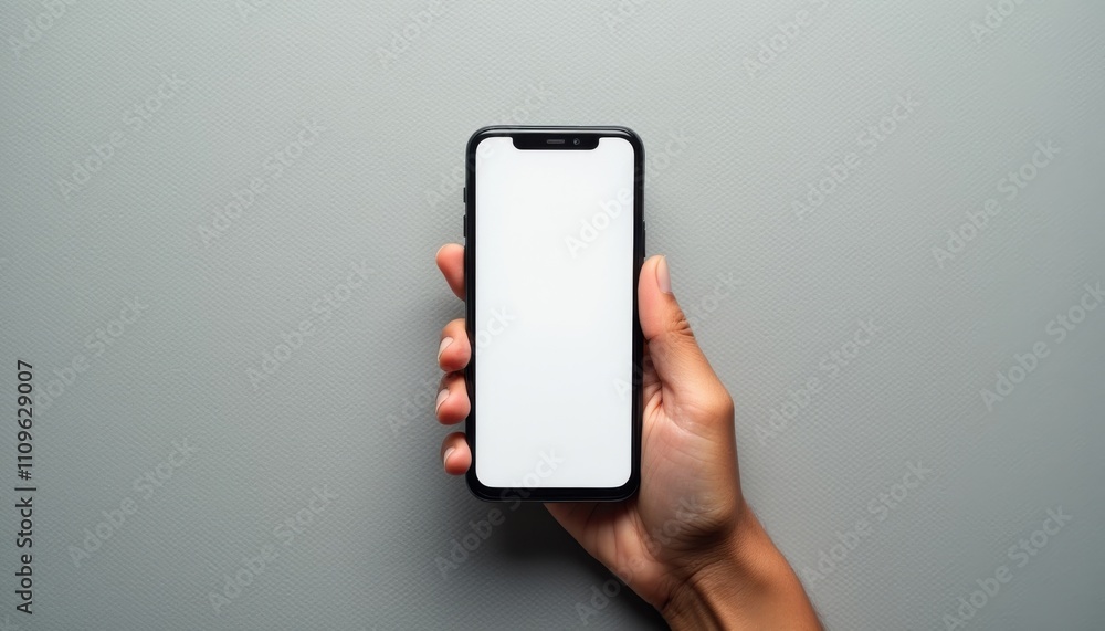 Poster mockup showcasing a smartphone held against a neutral background for design and development purposes