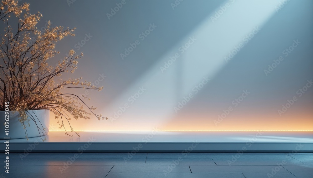 Aufkleber Serene modern abstract setting with glowing light and delicate botanical arrangement enhancing tranquil atmosphere