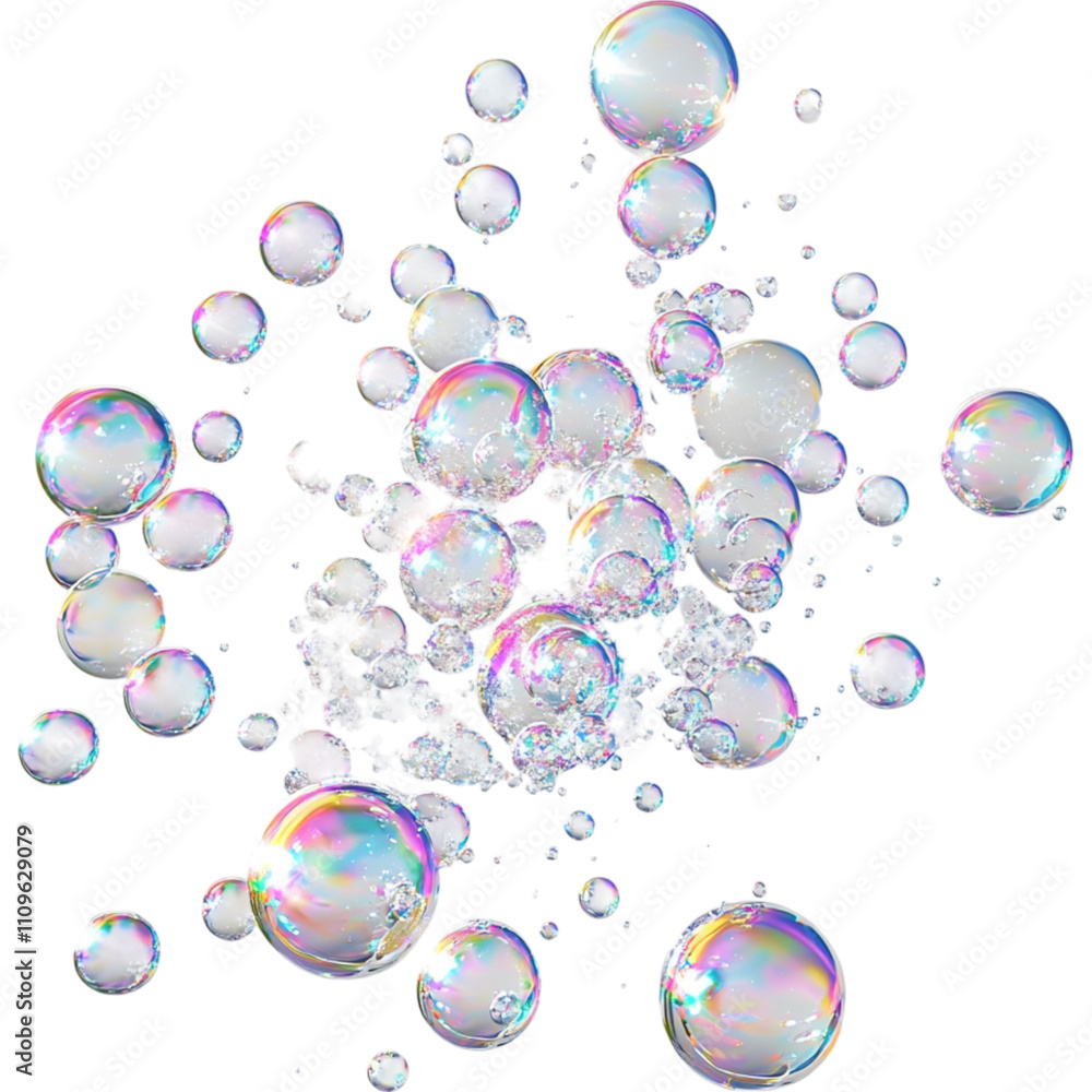 Poster bubbles floating in air create whimsical and colorful scene, reflecting light in various hues agains