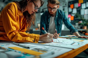 Fototapeta premium Creative professionals collaborate on project designs in a modern workspace.