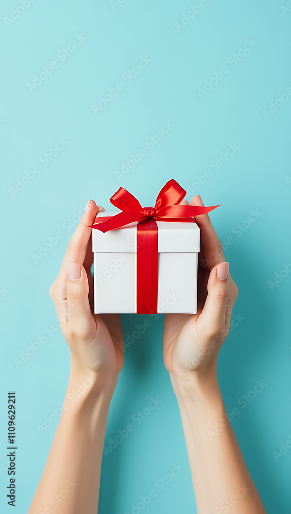Poster female hands hold a small, white giftbox with a red ribbon bow on a soft pastel blue background with