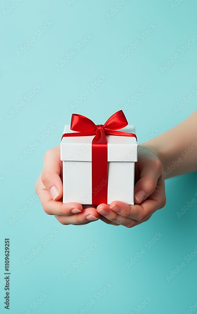 Poster female hands hold a small, white giftbox with a red ribbon bow on a soft pastel blue background with