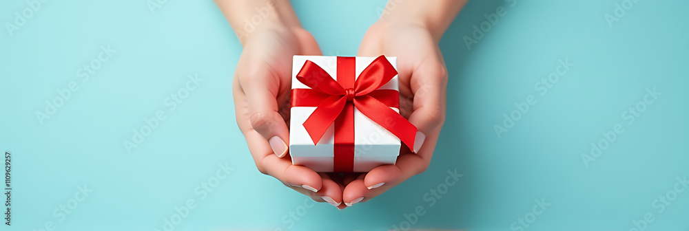 Poster female hands hold a small, white giftbox with a red ribbon bow on a soft pastel blue background with