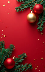 Gold and red Christmas ornaments adorn pine branches against a bright red backdrop featuring small stars and delicate gold accents._00001_