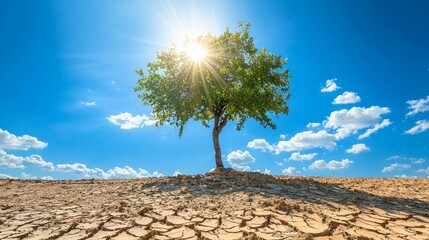 A lone tree stands resilient against a bright blue sky, surrounded by cracked earth, symbolizing endurance in a harsh environment.