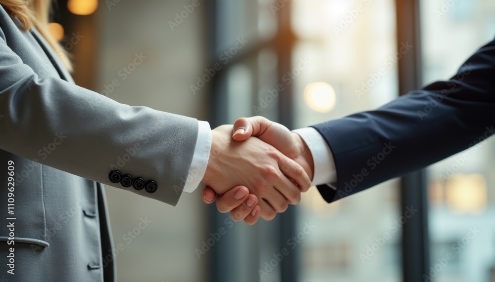 Poster close up of two business professionals shaking hands in an office setting during a meeting in a mode