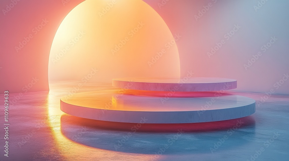 Poster serene abstract studio with soft colored light and round platforms ideal for product display, presen