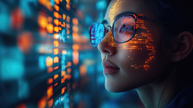 Woman Observing Data Stream on Screen