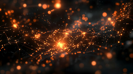 Fototapeta premium A dynamic cluster of orange glowing particles forming intricate digital connections, symbolizing energy networks and data flow.