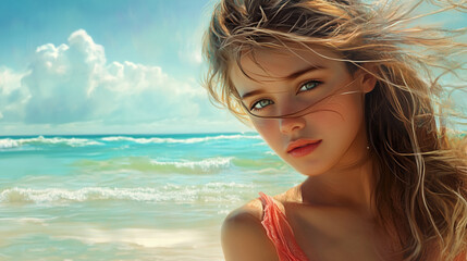 Fototapeta premium Dziewczyna z długimi włosami, stojąca na plaży, z wiatrem rozwiewającym jej pasma, emanuje naturalnym pięknem i swobodą w nadmorskiej scenerii.