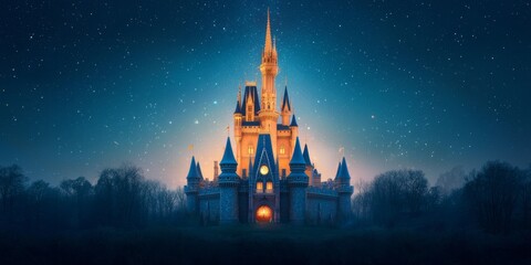 Naklejka premium A majestic castle illuminated against a starry night sky, evoking a sense of wonder and enchantment.