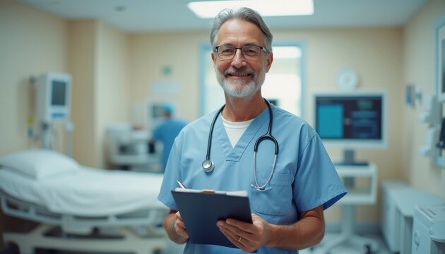 Middle aged Caucasian man in scrubs smiling in a hospital setting while holding a clipboard and interacting with staff