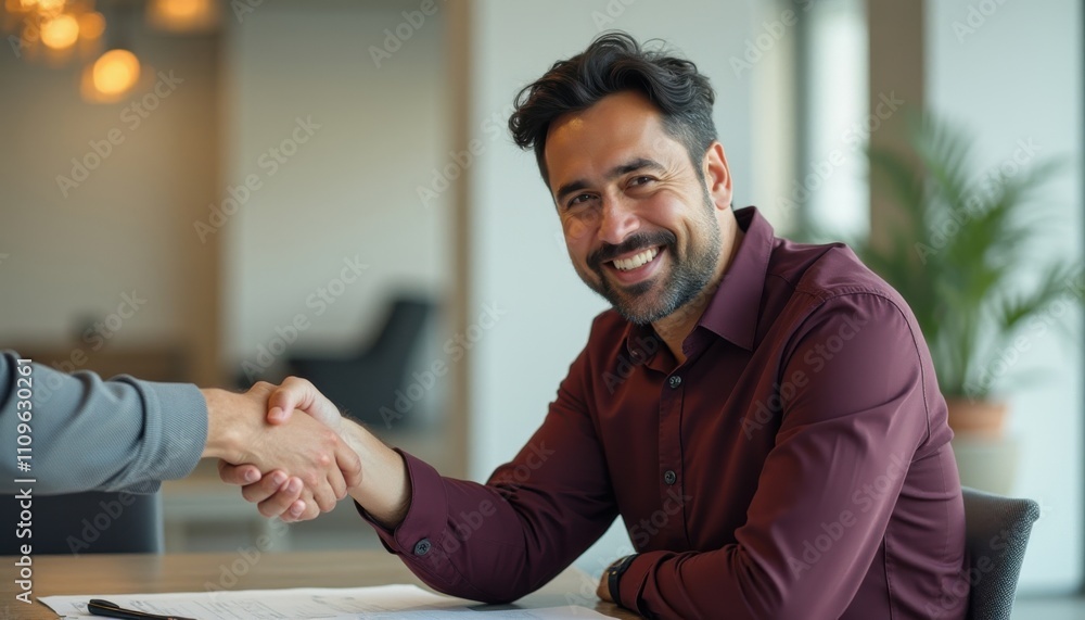 Poster middle aged latino man smiling while shaking hands in modern office setting during a business meetin