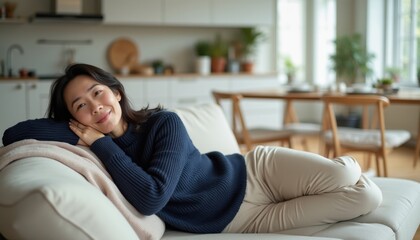 Obraz premium Middle aged Asian woman relaxing on couch in modern living room during daytime