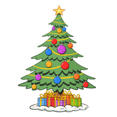 Christmas tree with colorful gift boxes in the snow. Cartoon illustration