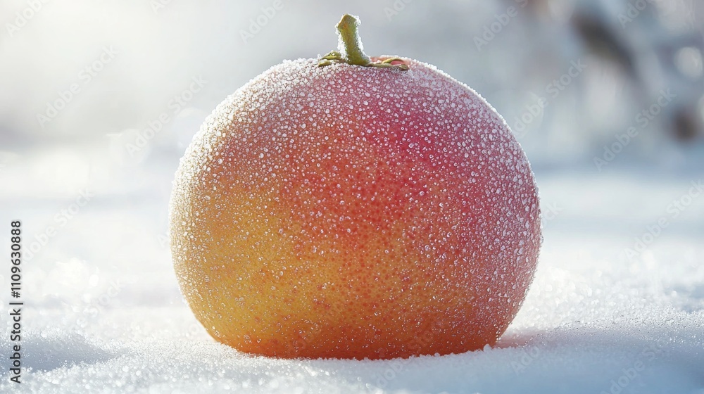Poster a fresh apple covered in dew sits on a bed of snow, illuminated by soft sunlight, creating a serene 