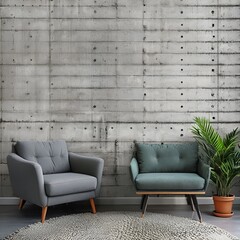 Stylish interior of living room with comfortable furniture. Chairs, table with green plants in a pot, round carpet on the floor, white walls. Modern interior design with gray furniture.