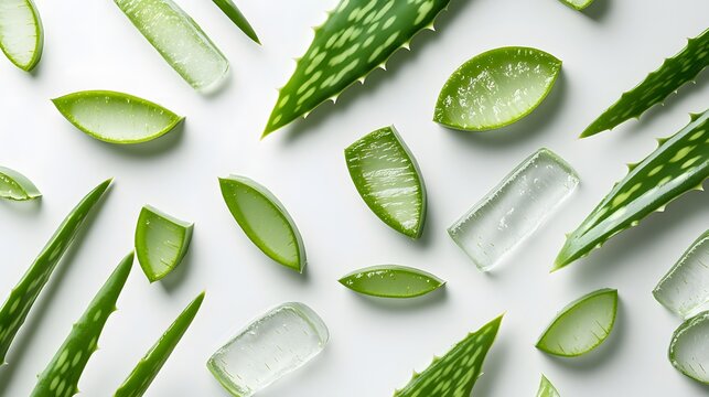Realistic arrangement of Aloe Vera leaves and gel pieces together on a white background