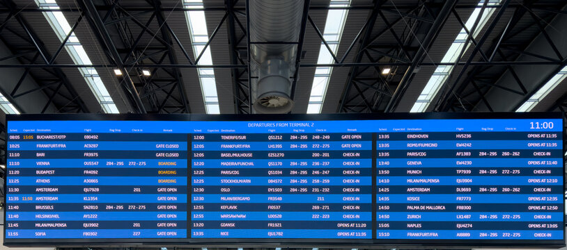 Prague, Czech Republic. Monitors with departures and arrivals flights at V&aacute;clav Havel or Letiste V&aacute;clava Havla Praha international airport
