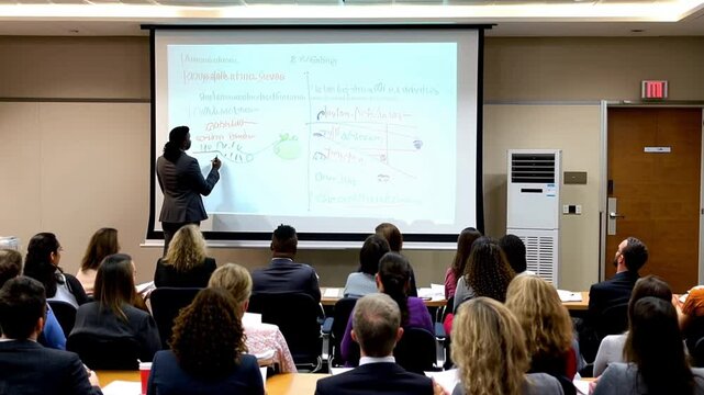 Wide shot health educator presenting a health seminar blur conference room with a whiteboard and audience in the background