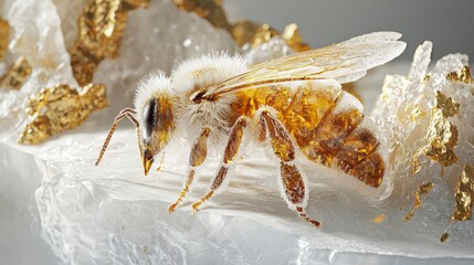 A close-up of a bee perched on a shimmering crystal, showcasing delicate details and the contrast of nature and mineral beauty.