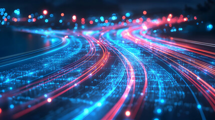 A high-tech road network with glowing red and blue light trails, symbolizing advanced traffic systems and smart mobility.


